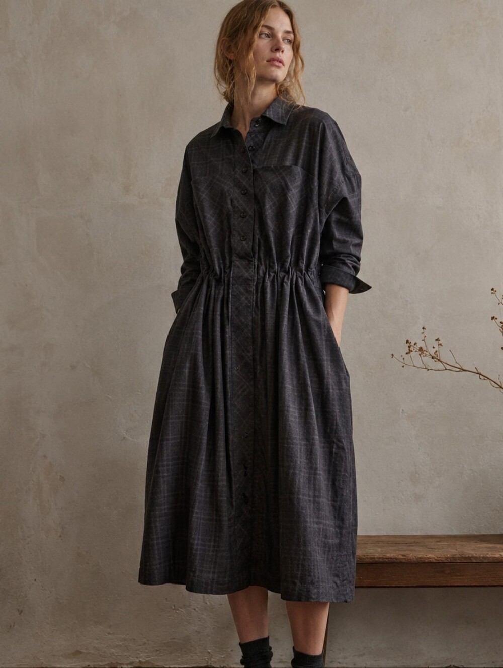 Billy Reid One Size Gray Purple Windowpane Plaid Lagenlook Shirt Dress USA